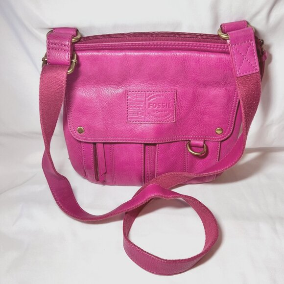 Fossil Hot Pink Crossbody Leather Purse/Bag-Lots of Compartments-Canvas Mix Srap - Picture 3 of 16